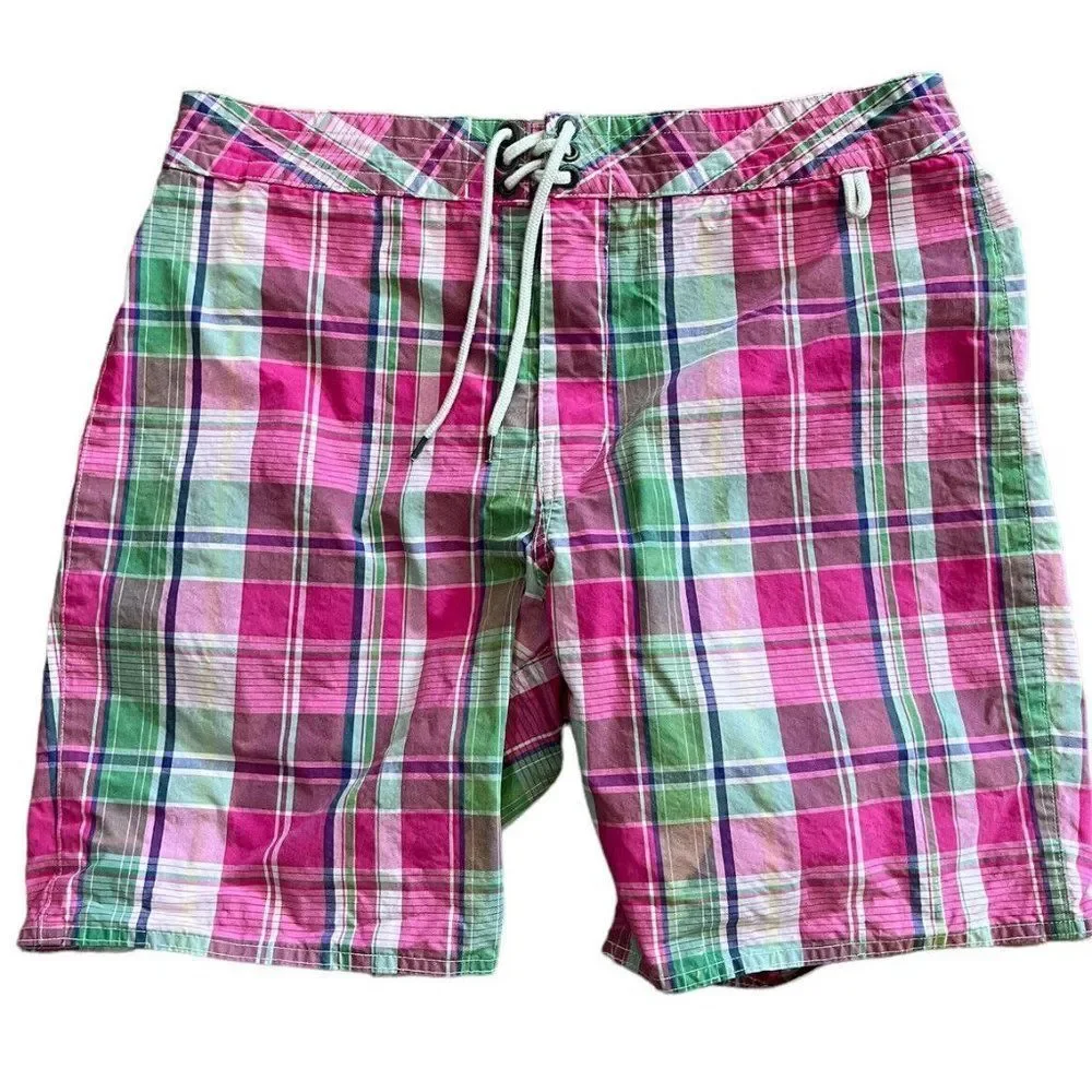 Men's Pink & Green Plaid Swim Board Shorts
